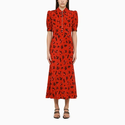 ALESSANDRA RICH RED SILK DRESS WITH ROSE PRINT
