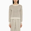 Brunello Cucinelli Streiped Cotton Round Neck Pull In Beige