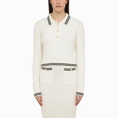ALESSANDRA RICH WHITE COTTON CABLE-KNIT POLO SHIRT