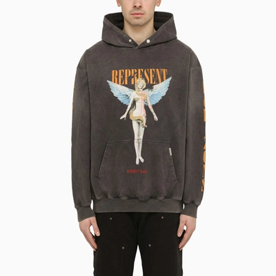 REPRESENT REPRESENT BLACK WASHED-OUT COTTON SWEATSHIRT WITH LOGO PRINT