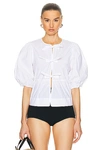 Ganni Poplin Front-tie Peplum Blouse With Puffed-sleeves In Bright White