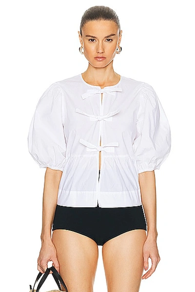 Ganni Tie-front Puff-sleeve Organic-cotton Blouse In White