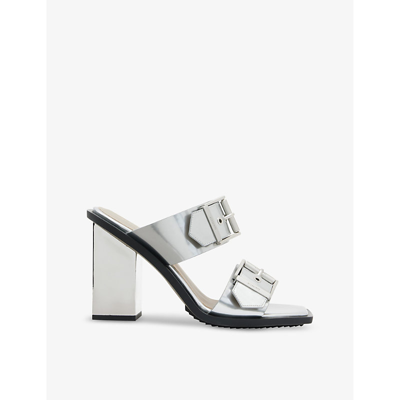 Allsaints Womens Metallic Silve Camille Buckle-embellished Heeled Leather Mules
