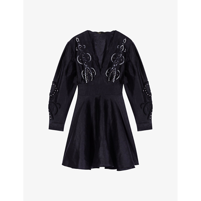 Maje Womens Noir / Gris Openwork-embroidery Balloon-sleeve Linen-blend Mini Dress