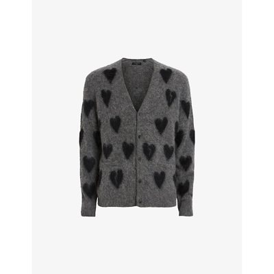 Allsaints Amore Heart Motif Relaxed Fit Cardigan In Grey/black