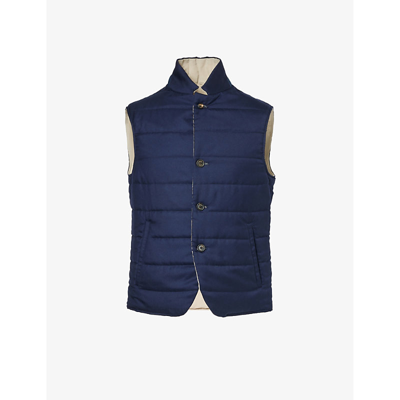 Eleventy Mens Navy And Sand Funnel-neck Quilted Cashmere And Silk-blend Gilet