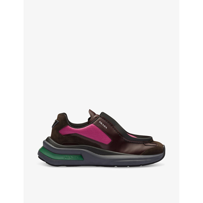 Prada Mens Burgundy Systeme Brushed Leather And Suede Mid-top Trainers