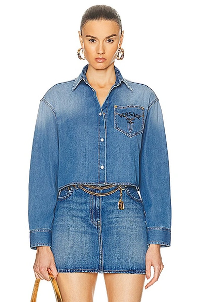 Versace Logo Cropped Denim Overshirt In Blue