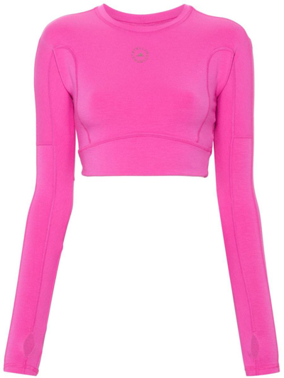 Adidas By Stella Mccartney Rubberised-logo Cropped Top In Pink