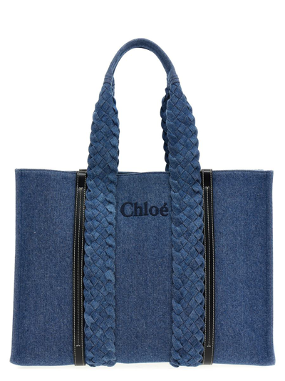 Chloé Large Woody Denim Tote Bag In Blue