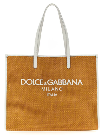 Dolce & Gabbana Large Shopping Bag With Logo Embroidery In Beige