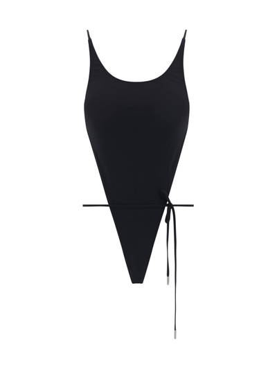 Saint Laurent Drawstring Backless Swimsuit In Noir