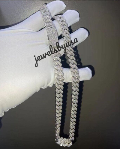 Pre-owned Nsg Studded Men's 12mmx22" Genuine Moissanite Cuban Necklace 925 Silver Free Stud In White