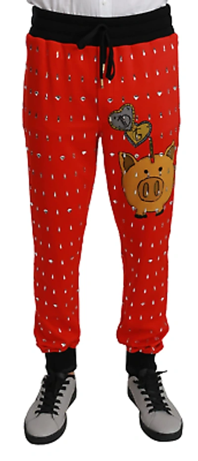 Pre-owned Dolce & Gabbana Chic Red Piggy Bank Print Sweatpants
