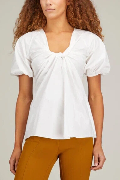 Pre-owned Rosetta Getty Twist Front Top Women's 6 White V-neck Short Puff Sleeve Back Zip