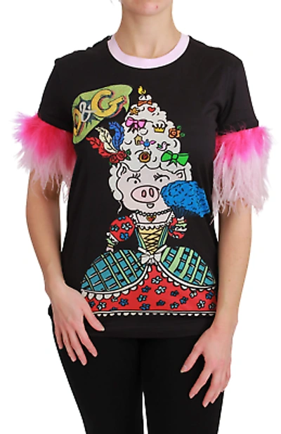 Pre-owned Dolce & Gabbana Chic Crewneck Year Of The Pig Motif Tee In Black