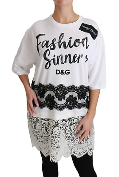 Pre-owned Dolce & Gabbana White Fashion Sinner Cotton Lace T-shirt Top