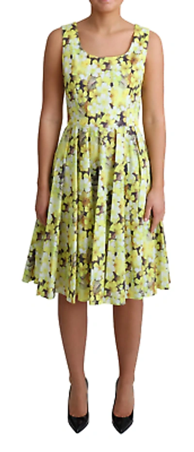 Pre-owned Dolce & Gabbana Elegant Yellow Floral A-line Sleeveless Dress