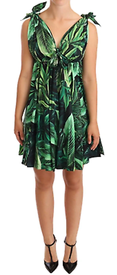 Pre-owned Dolce & Gabbana Green Leaves Print Cotton Flared Mini Dress