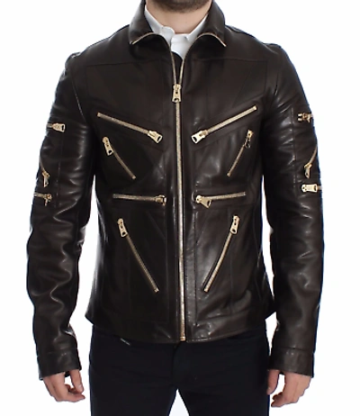 Pre-owned Dolce & Gabbana Brown Lambskin Leather Zipper Jacket