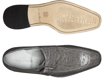 Pre-owned Belvedere Gray  Josh Ostrich Single Buckle Men's Dress Shoe 114011 In See Title