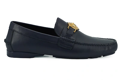 Pre-owned Versace Navy Blue Calf Leather Loafers Shoes