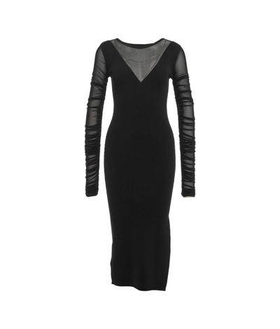 Pinko Long Knit Dress With Tulle In Noir Limousine