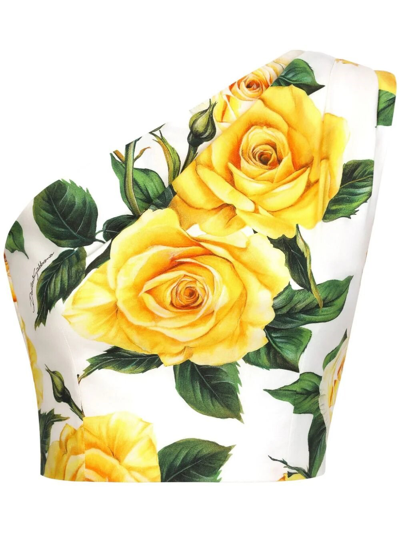 Dolce & Gabbana Rose-print One-shoulder Top In Yellow