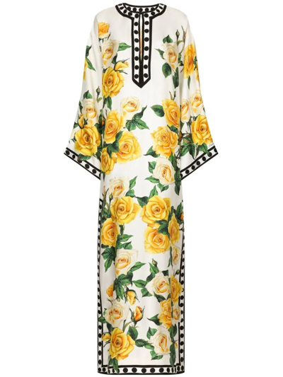 Dolce & Gabbana Long Printed Silk Kaftano Dress In Yellow,white