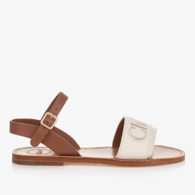 Chloé Teen Girls Ivory Leather Embroidered Sandals