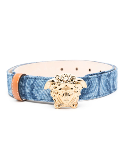 Versace Medusa Head-buckle Denim Belt In Blue