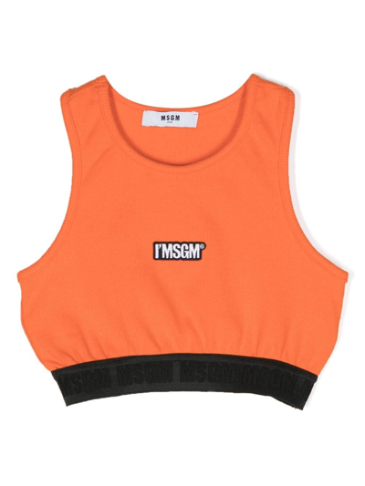 Msgm Kids' Logo-patch Cropped Top In Orange