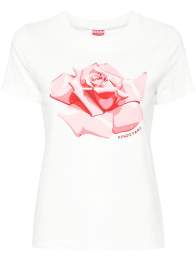 Kenzo Rose-print Cotton T-shirt In White