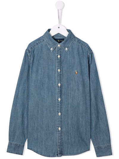 Polo Ralph Lauren Kids' Camicia Denim Con Ricamo In Blue