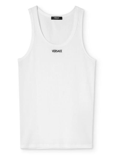 Versace Logo-embroidered Ribbed Tank Top In White