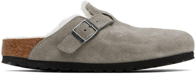 Birkenstock Women Boston Shearling Sandals In Suede/shearling/stone Coin/natural