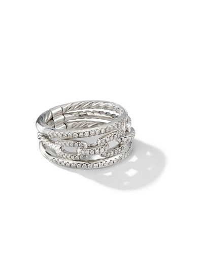 David Yurman Women's Stax Three Row Chain Link Ring In 18k White Gold In Diamond