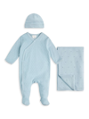 Firsts By Petit Lem Baby Girl's Petit Lem Peony Pointelle Knitted Sleeper, Blanket, & Beanie Set In Light Blue