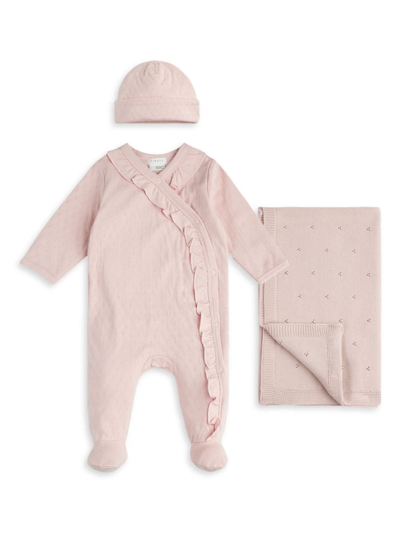 Firsts By Petit Lem Baby Girl's Petit Lem Peony Pointelle Knitted Sleeper, Blanket, & Beanie Set In Light Pink