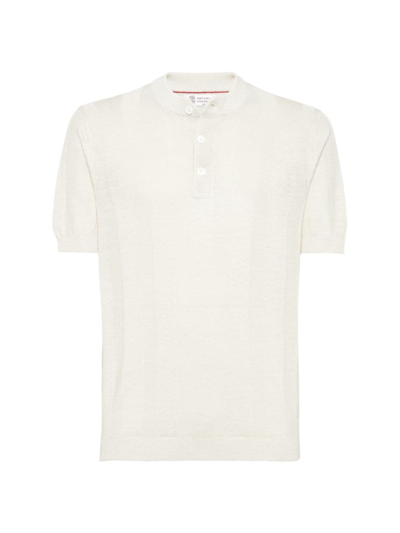 Brunello Cucinelli Men's Linen And Cotton Knit T-shirt With Henley Collar In Off White