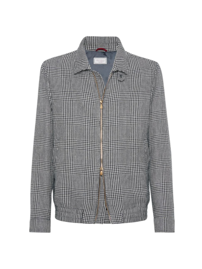 Brunello Cucinelli Men's Linen, Silk, Wool And Cotton Prince Of Wales Outerwear Jacket In Grey