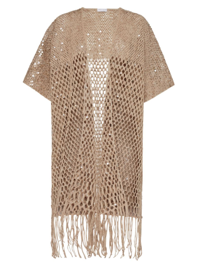 Brunello Cucinelli Linen-silk Degrade Paillette Opera Knit Long Open Cardigan With Fringe In Light Brown