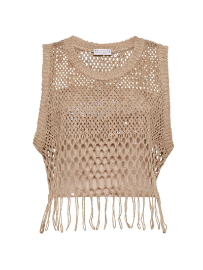 Brunello Cucinelli Women's Dazzling Degrade Embroidery Top In Silk And Linen In Light Brown