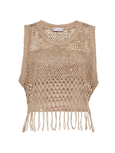 Brunello Cucinelli Linen-silk Degrade Paillette Opera Knit Crop Tank Top With Fringe In Light Brown