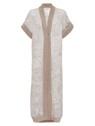 Brunello Cucinelli Rustic Cotton Magnolia Embroidered Long Cardigan In Beige