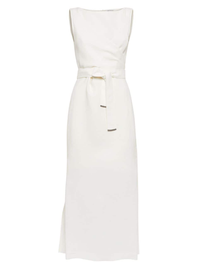 Brunello Cucinelli Sleeveless Fluid Twill Midi Dress In White