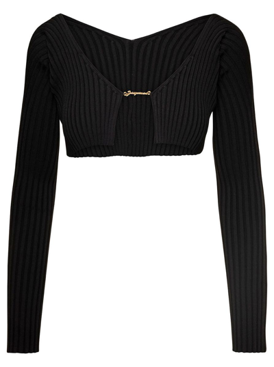 JACQUEMUS 'LA MAILLE PRALÙ' BLACK CROPPED CARDIGAN WITH GOLDEN LOGO IN STRETCH VISCOSE WOMAN