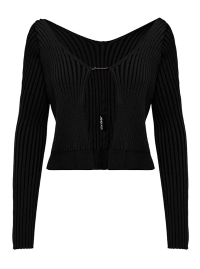 Jacquemus 'la Maille Pralu Longue' Black Ribbed Cardigan With Logo Charm Woman