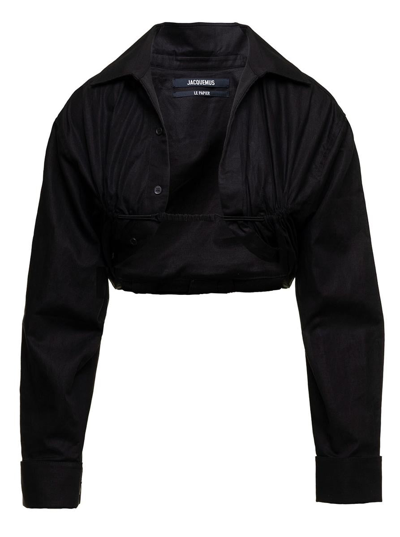 JACQUEMUS 'LE CHEMISE MACHOU' BLACK GATHERED CROPPED SHIRT IN COTTON AND LINEN WOMAN JACQUEMUS