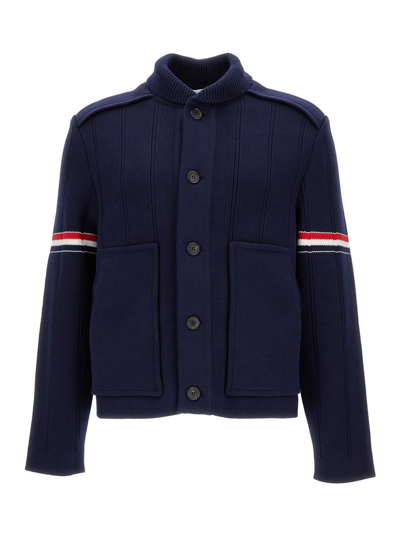 THOM BROWNE DARK BLUE KNITTED JACKET WITH TRICOLOR DETAILS IN COTTON BLEND MAN